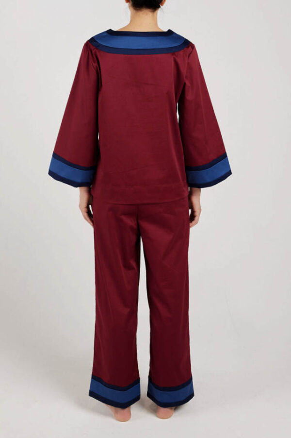 Status Quan Lazy Sundays luxury sleepwear set in burgundy, blue and navy cotton. Back.