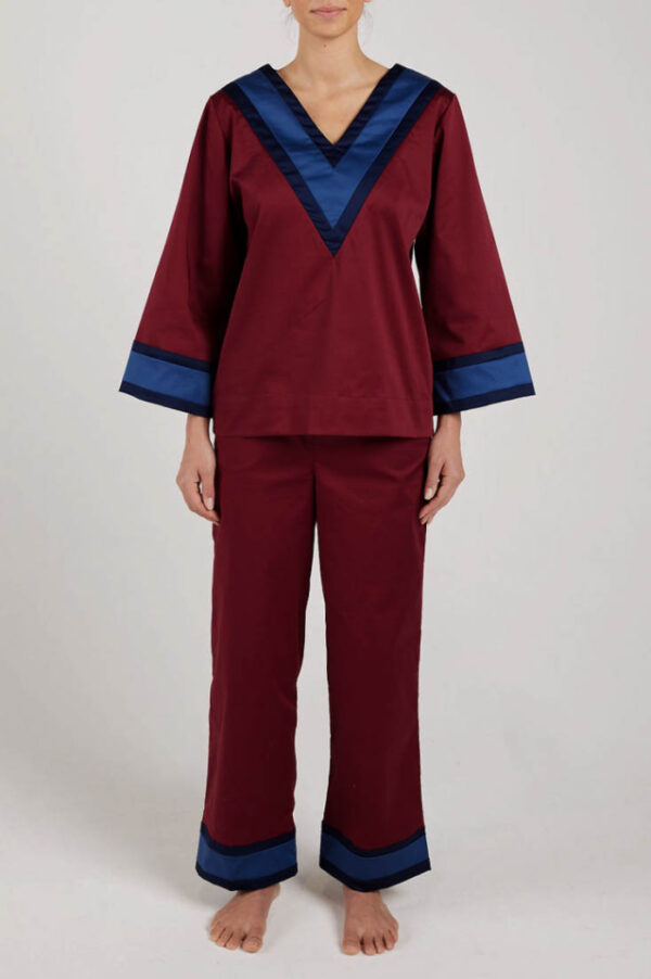 Status Quan Lazy Sundays luxury sleepwear set in burgundy, blue and navy cotton. Front.