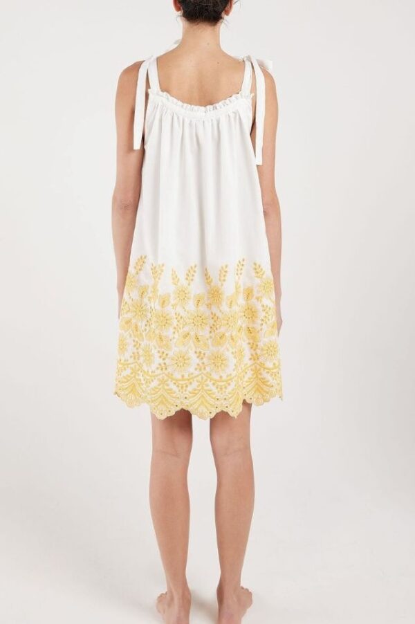 Status Quan Sunrise Serenade nightie in white cotton with yellow embroidery. Back.