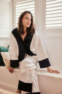 Status Quan Breathless Kiss sleepwear set in white and navy with piping.